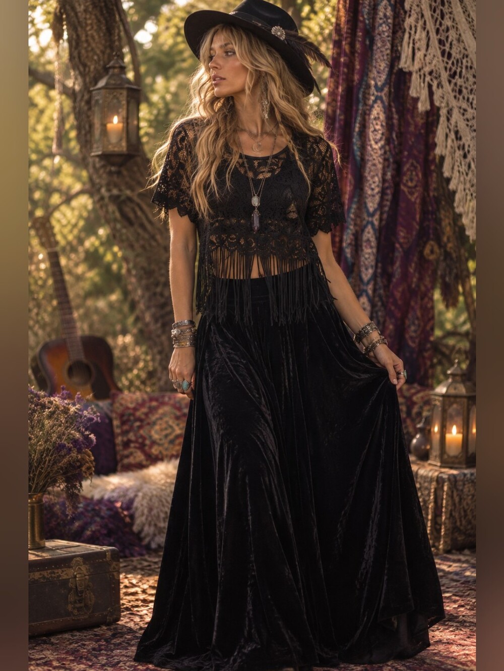 #13 Black Lace Fringe Crop Top - Women's Boho Festival Top